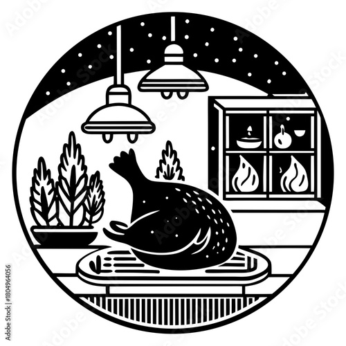 Roasted turkey on platter in kitchen interior isolated on