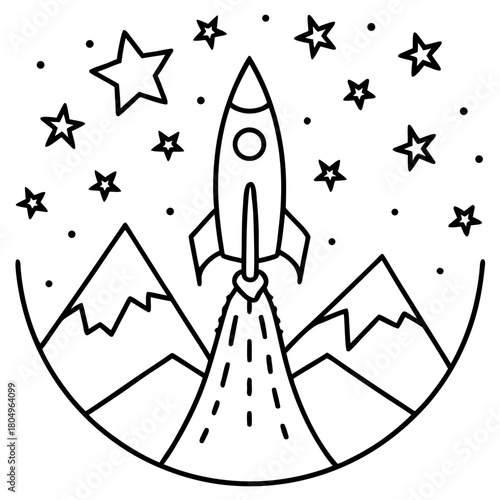 Rocket launching over mountains surrounded by stars isolated on