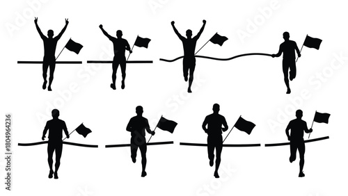 Runner crossing finish line silhouettes isolated on white background, Vector