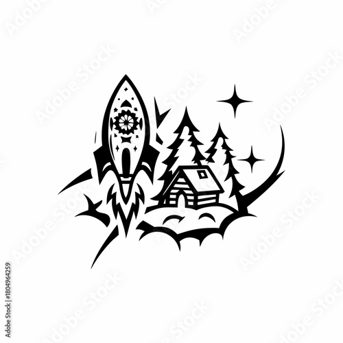 Rocket ship launching from a cabin in the woods isolated on
