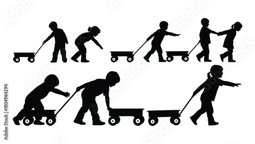 Children playing with pull wagons silhouettes isolated on white background, Vector