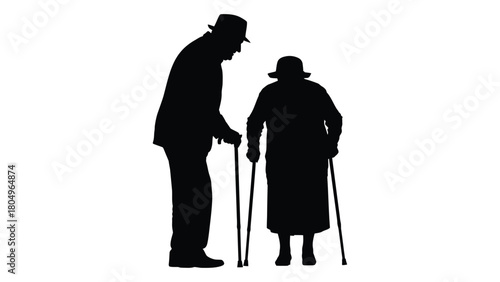 Elderly couple silhouettes with walking sticks isolated on white background, Vector