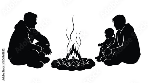 Family campfire silhouette isolated on white background, Vector