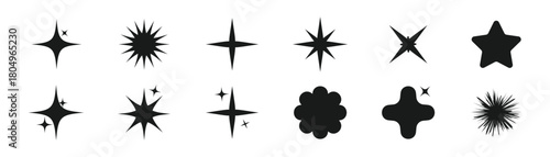Collection of black starburst and sparkle graphic elements on white background shine glitter