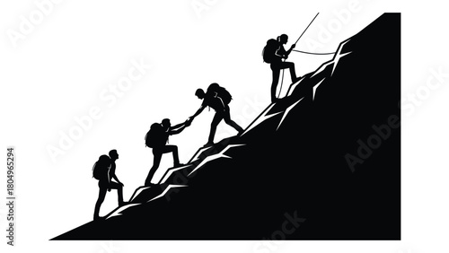 Mountain climbing teamwork silhouette isolated on white background, Vector