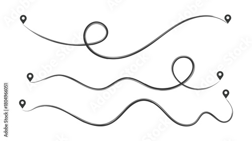 Three black hand drawn wavy lines with location pins on white background. Path route