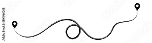 Black curved line with two location pins on white background marker destination