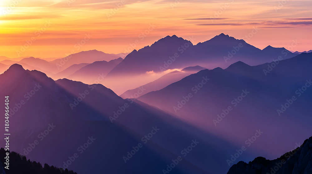 Obraz premium Scenic mountain range with sunlight and mist at golden hour