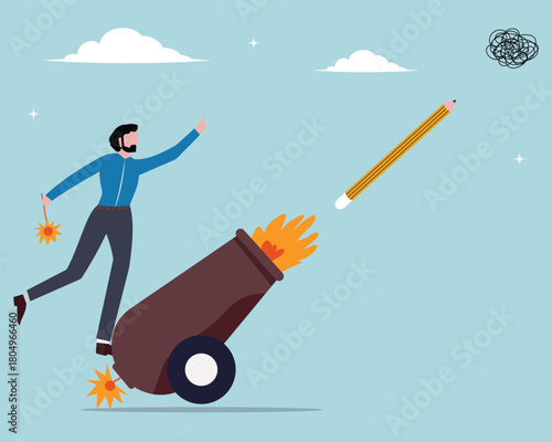 Launch new creativity idea, boost inspiration and challenge,  a motivated creative man launches new idea by shooting pencil cannon into the sky. Businessman pushing a cannon
