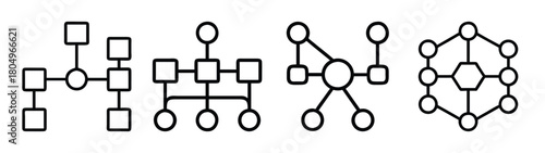 Network diagram flowchart illustration of connected nodes and shapes for data visualization and structure