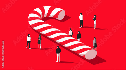 An enormous candy cane with tiny people leaning on it for festive retail displays and holiday packaging design