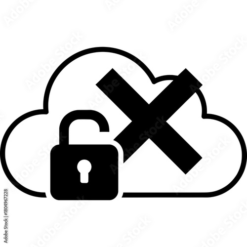 Cloud security breach alert with open padlock and prominent cross symbol