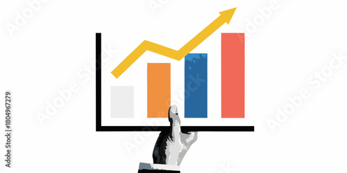 Hand holding a rising bar graph with an upward trending arrow indicating financial growth and success
