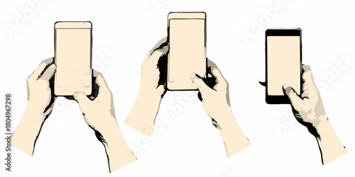 Collection of hands holding and using smartphones in various orientations against a white background