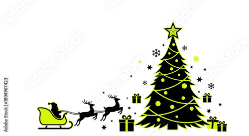 Santa's magical sleigh ride with reindeer and festive Christmas tree, delivering holiday cheer and gifts under a starry winter sky