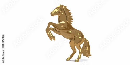 A gleaming golden horse statue rearing up on its hind legs against a clean white background