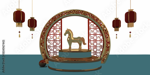 Golden horse statue displayed under traditional chinese archway with red lanterns