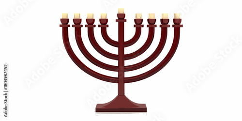 A traditional seven branched menorah with lit candles against a white background