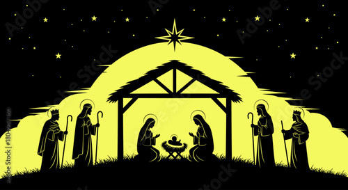 Experience the profound peace of the Nativity scene under a starry night, a timeless symbol of hope and new beginnings for your holiday projects