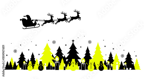 Magical Santa Claus sleigh ride with reindeer over a festive Christmas forest filled with snowmen and glowing candles, evoking holiday cheer and winter wonder.