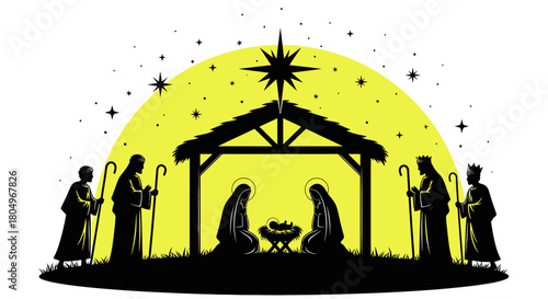 Stunning nativity scene silhouette with the Holy Family, shepherds, and wise men under a guiding star, evoking peace and wonder during Christmas