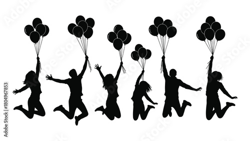 Joyful silhouettes jumping with balloons isolated on white background, Vector