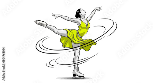 Dynamic figure skater gracefully performs a stunning spin in a vibrant competition dress, capturing the essence of athletic artistry and elegance.