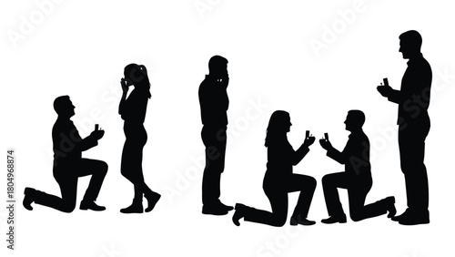 Marriage proposal silhouettes collection isolated on white background, Vector