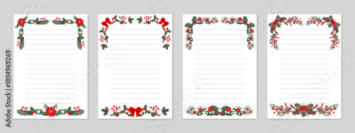 A set of Christmas papers decorated with holly-themed borders and lined writing space. Ideal for holiday letters, printable stationery, invitations, notes, scrapbooking, and festive projects.