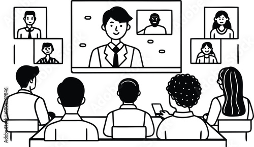 People in a video conference meeting with multiple screens