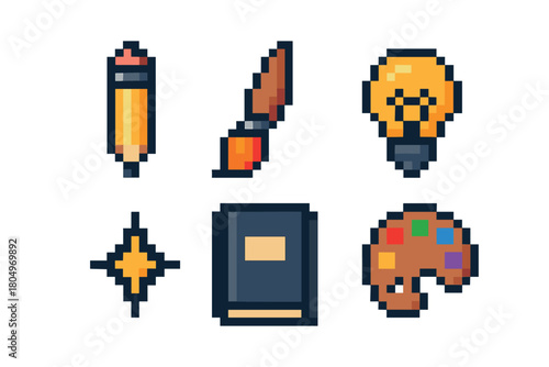 Set of six creative pixel art icons featuring a pencil, paintbrush, lightbulb, book, star, and artist palette in a retro 8-bit video game style