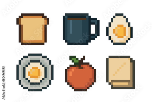 Charming set of pixel art breakfast food icons including toast, coffee, a boiled egg, a fried egg, an apple, and a napkin, created in a retro 8-bit video game style
