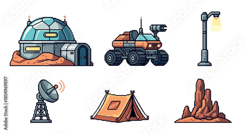 Set of pixel art icons for a sci-fi video game, featuring a planetary rover, habitat dome, and exploration equipment isolated