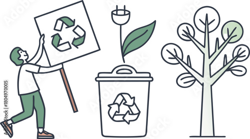 Person Holding Recycling Sign Near Trash Can and Tree