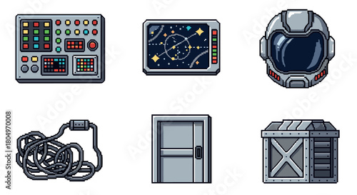 Collection of retro pixel art icons for a science fiction video game, featuring a spaceship control panel, astronaut helmet, star map, and other futuristic equipment isolated on white