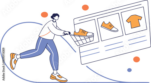 Person shopping online with a basket and product display