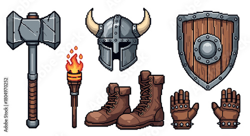 Pixel art set of fantasy barbarian warrior equipment including a horned helmet, warhammer, shield, torch, boots, and gauntlets, isolated for a video game