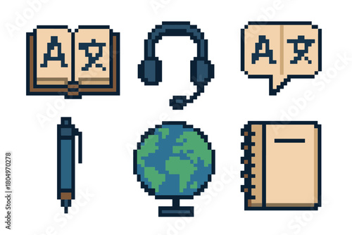Collection of pixel art icons for language learning and education, featuring a dictionary, headset, globe, and notebook in a retro 8-bit video game style isolated