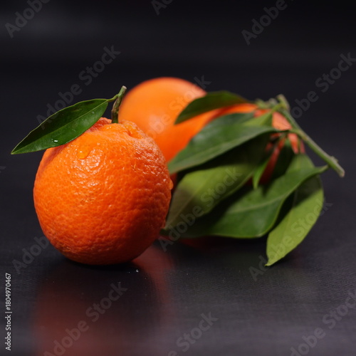 Wallpaper Mural Clementine con foglie su sfondo nero con gocce di acqua Torontodigital.ca