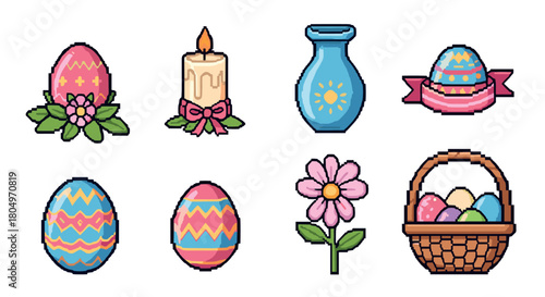 Retro 8-bit pixel art of festive Easter symbols including colorful decorated eggs, a wicker basket, a pink flower, a lit candle, and a blue vase