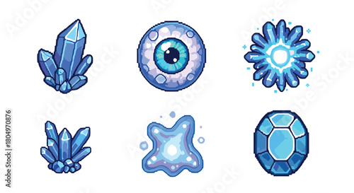 Collection of blue fantasy magic items in a pixel art style for a video game, featuring crystals, an eyeball, a spell effect, a slime, and a gemstone