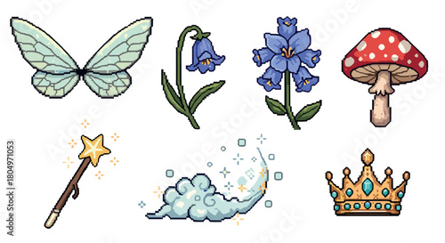 Charming collection of pixel art icons featuring fantasy and nature elements like a magic wand, royal crown, butterfly wings, toadstool, and flowers, isolated