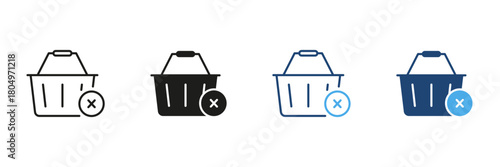Shopping Basket With Cancel Symbol Line And Solid Icon Set. Remove From Cart, Cancel Purchase, And Shopping Cart Management Outline And Silhouette Symbol Collection. Isolated Vector Illustration