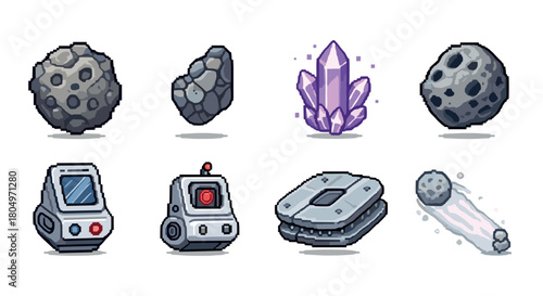 Collection of pixel art icons for a space-themed video game, featuring various asteroids, a purple crystal, and futuristic robotic equipment isolated