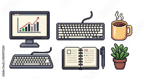Collection of retro pixel art office icons including a computer with a growth chart, keyboards, a coffee mug, notebook, and a plant isolated on white