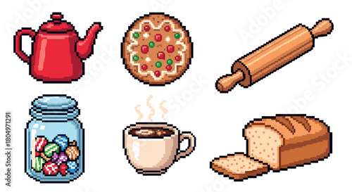 Charming collection of pixel art icons featuring cozy kitchen and baking items like a red teapot, decorated cookie, rolling pin, candy jar, steaming mug, and sliced bread