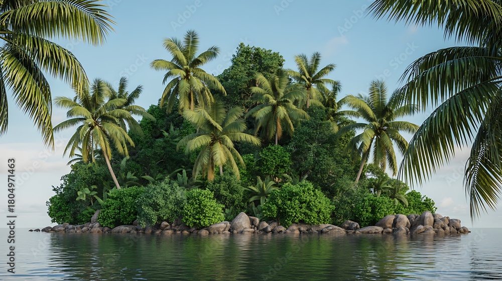 Fototapeta premium Lush tropical island oasis with palm trees in calm ocean vista.