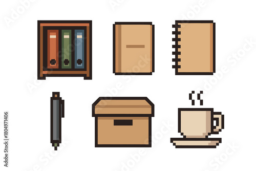Set of pixel art office and study icons including a bookshelf, notebook, pen, box, and steaming coffee cup isolated