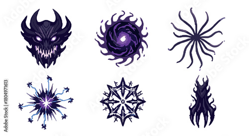 Sinister fantasy icon set with a horned demon, a shadowy portal, and powerful arcane spell effects, illustrated in a dark purple and black palette