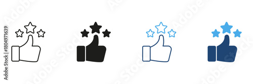 Thumbs Up With Stars Line And Solid Icon Set. Positive Feedback, Customer Satisfaction, And Quality Rating Outline And Silhouette Symbol Collection. Isolated Vector Illustration